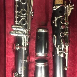 Disassembled clarinet parts in a red-lined case.